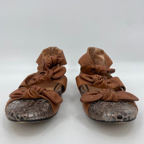 SEYCHELLES Brown Leather Upper Reptile Textured Bow Tie Ankle Strap Flat Shoes 8 - Picture 4 of 9